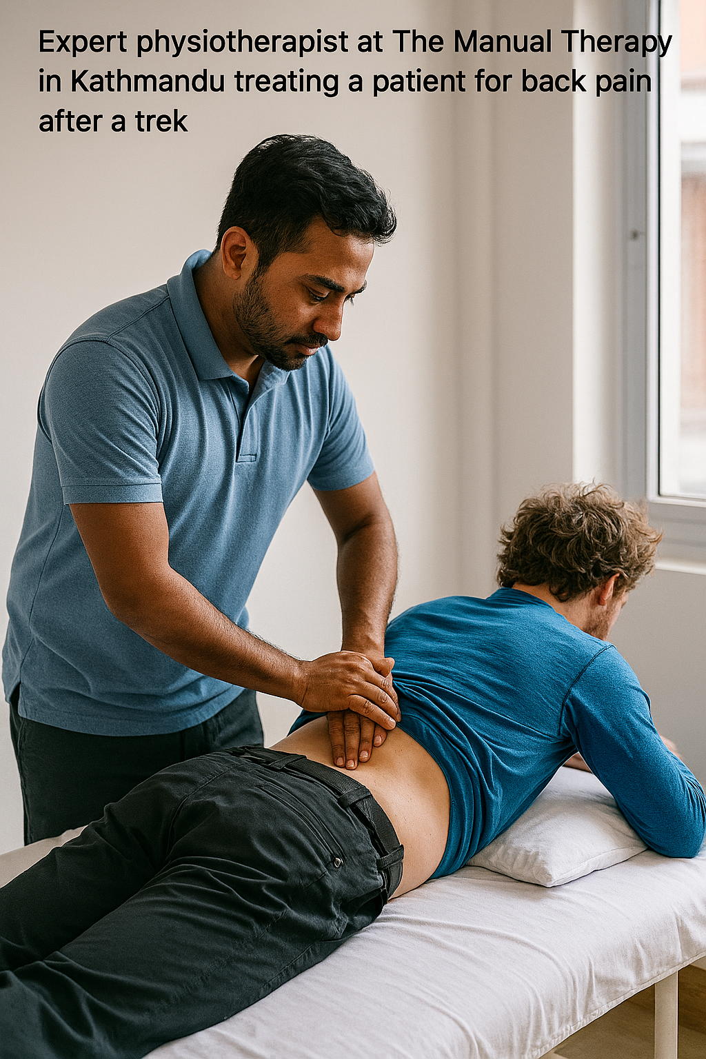 <img src="/images/back-pain-trek-recovery-kathmandu.jpg" alt="Expert physiotherapist at The Manual Therapy in Kathmandu treating a patient for back pain after a trek">