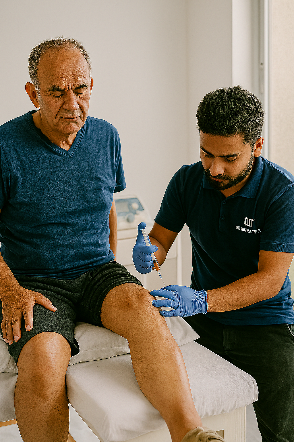 <img src="/images/prp-therapy-treatment-kathmandu-nepal.jpg" alt="Medical professional at The Manual Therapy preparing a PRP injection for a patient's knee in Kathmandu">